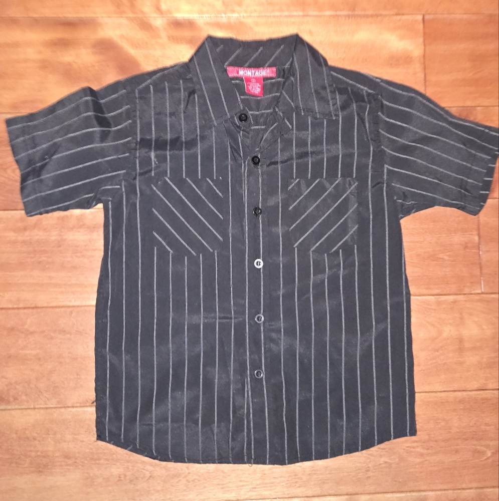 Montage Button Up Shirt, Black Pin-striped Kids Short Sleeve Button Up Shirt